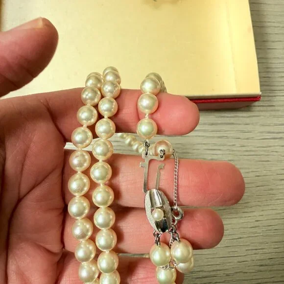 Vintage Double Strand Faux Pearl Necklaces with Rhinestone Clasp - Picture 5 of 11